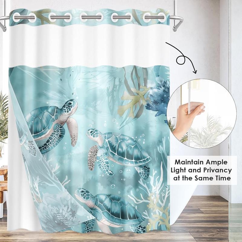 No Hook Nautical Teal Sea Turtles Shower Curtain with Snap in Fabric Liner Set, Ocean Beach Double Layers Waterproof Fabric with See Through Top Window Open Grommet Bath Curtain 71x74 Inch