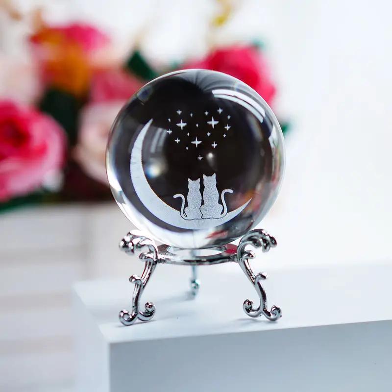 Cat & Moon Pattern Crystal Ball, 1 Count 3D Laser Engraved Crystal Ball with Silver Plated Stand, Home Office Tabletop Decor