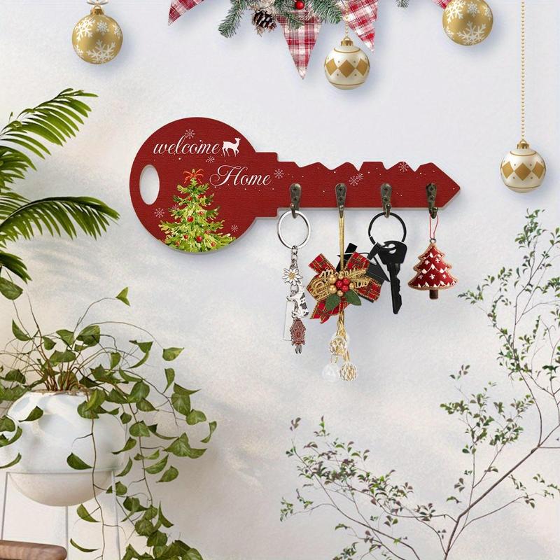 Christmas Themed Key Hook, 1 Count Welcome Home Letter & Tree Pattern Key Shaped Wall Decoration, Key Holder for Entrance Hallway Front Door