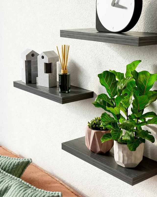 Set of 3 Floating Wall Shelves in Black - Rustic Wood Shelves for Bathroom, Bedroom, Living Room, and Kitchen. Perfect for Books, Storage, or Room Decor, with a 22lbs Weight Capacity Each (16in)