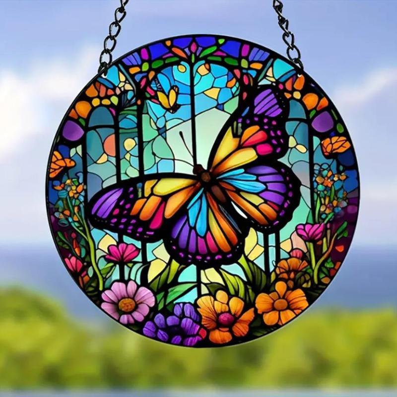 Butterfly Pattern Hanging Decor, Waterproof Round Hanging Ornament with Rope, Hanging Decor for Home Garden Party