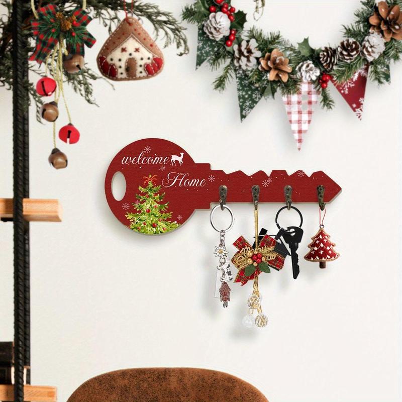 Christmas Themed Key Hook, 1 Count Welcome Home Letter & Tree Pattern Key Shaped Wall Decoration, Key Holder for Entrance Hallway Front Door