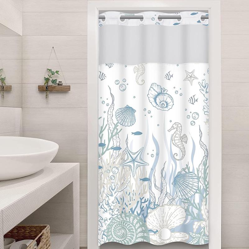 Ikfashoni Nautical Coastal No Hook Shower Curtain with Snap in Liner, Seashell Beach Shower Curtain with Liner, Hotel Shower Curtain, Ocean Themed Shower Curtains for Bathroom Decor, 72