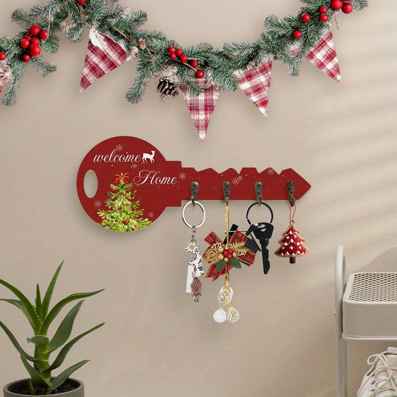 Christmas Themed Key Hook, 1 Count Welcome Home Letter & Tree Pattern Key Shaped Wall Decoration, Key Holder for Entrance Hallway Front Door