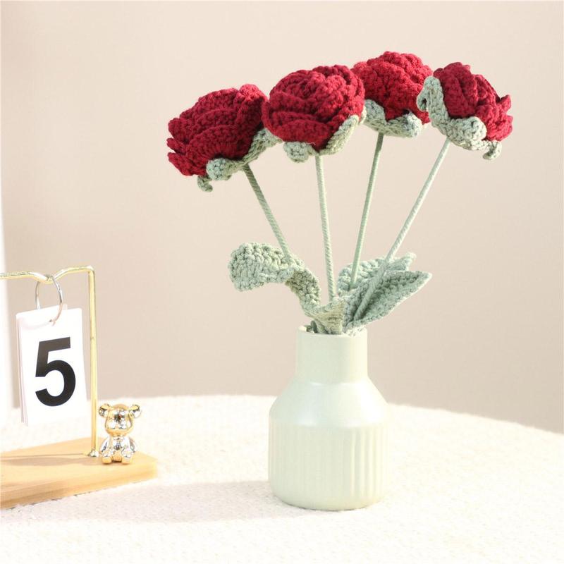 Handmade Knitted Rose, Summer Home Decor Diy Artificial Rose Faux Flowers, Decorative Flower without Vase, Diy Decorative Flowers Bouquet Ornaments for Flower Vase, Room  Flower Arrangement Decor, Bedroom Decor, Fall Decor, Men Gifts