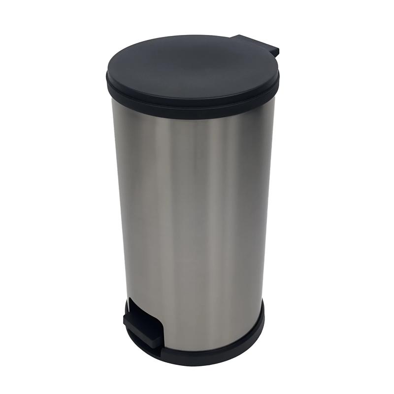 7.9 Gallon Trash Can. Plastic Round Step Kitchen Trash Can, Silver Stainless Steel