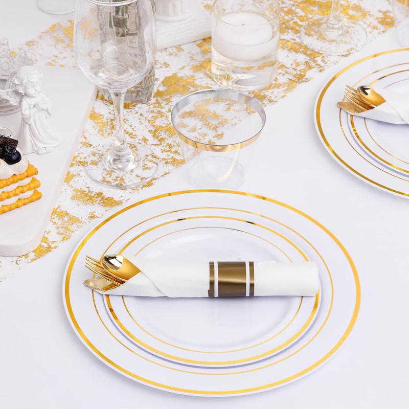 350 Pieces Gold Plastic Plates - Disposable Silverware and Cups, Include: 50 Dinner Plates 10.25”, 50 Dessert Plates 7.5”, 50 Gold Rim Cups 9 OZ, 50 Gold Cutlery for Thanksgiving