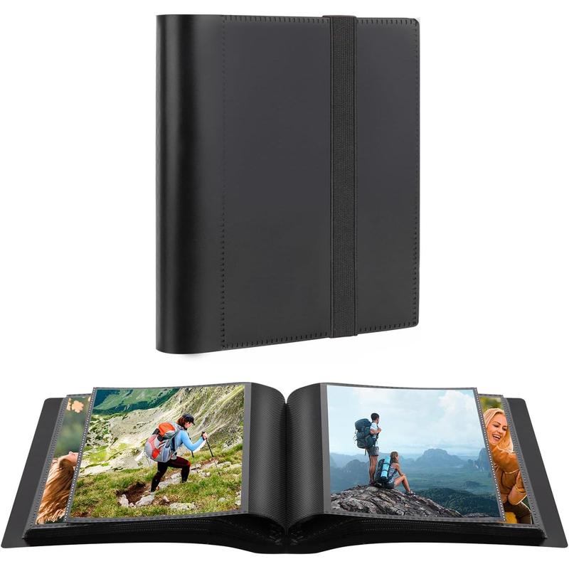 Photo Album 5x7 Holds 64 Photos Black Inner Pes with Strong Elastic Band, Small Photo Album 5x7, Mini Picture Book for 5x7 Artwork, Photos,  Art Store, Postcards, Drawings (Black)