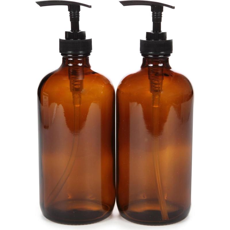 2, Large, 16 oz, Empty, Amber Glass Bottles with Black Lotion Pumps