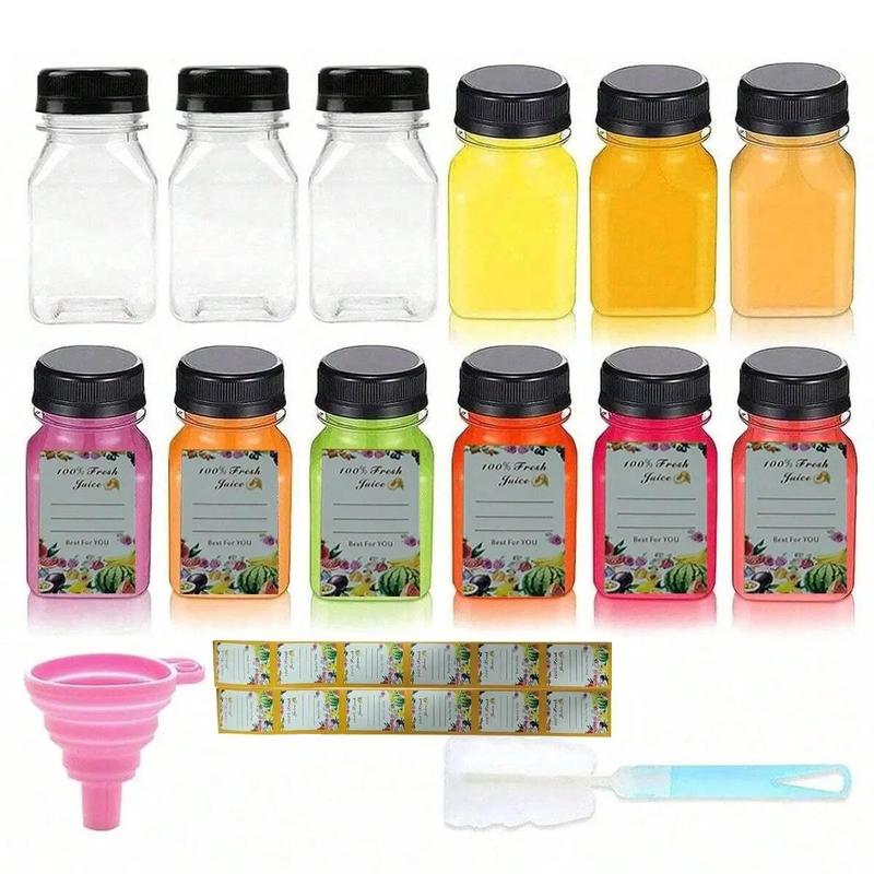 Clear Juice Bottle Set, Including 12pcs 4oz Juice Bottle with Lid, Label, Random Color Funnel & Brush, Beverage Storage Container for Home Kitchen