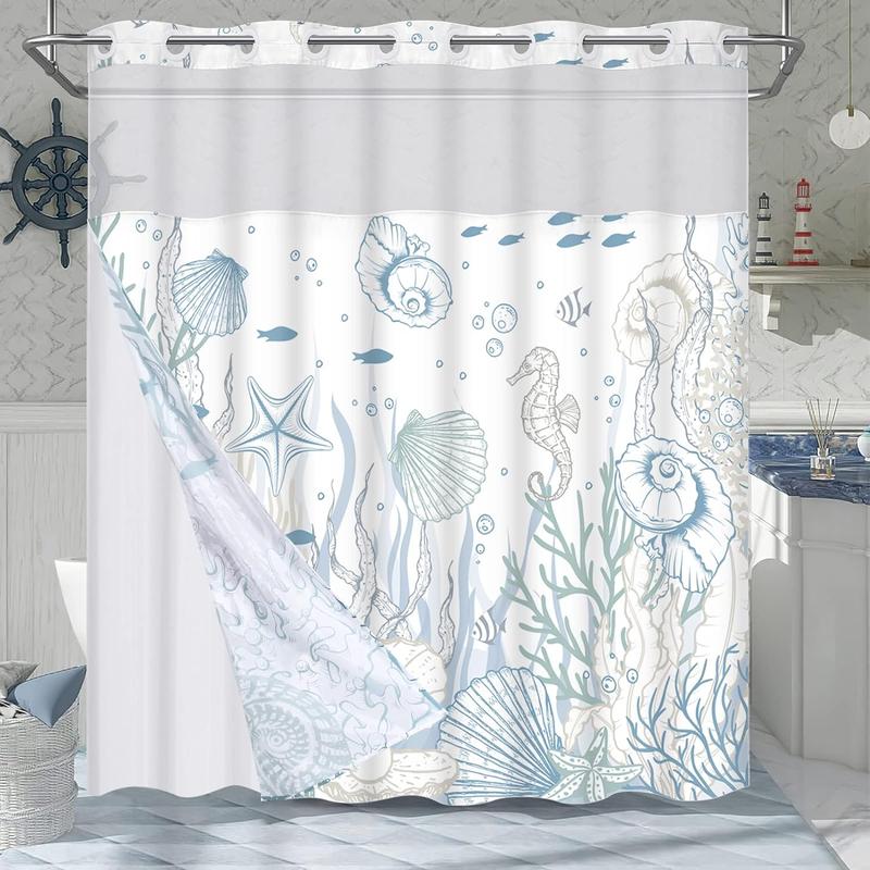 Ikfashoni Nautical Coastal No Hook Shower Curtain with Snap in Liner, Seashell Beach Shower Curtain with Liner, Hotel Shower Curtain, Ocean Themed Shower Curtains for Bathroom Decor, 72