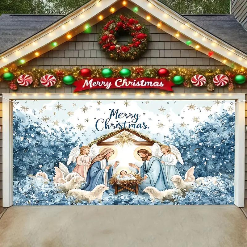 Merry Christmas Themed Garage Door Cover, Nativity Pattern Garage Door Banner, Outdoor Holiday Decoration for Home Garage