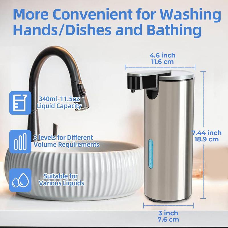 Stainless Steel Automatic Soap Dispenser, 2 Counts Touchless Electric Sensor Hand Free Liquid Kitchen Soap Dispenser with 3 Adjustable Volume Control, Battery Powered Soap Container Dispenser for Kitchen Dormitory Bathroom Accessory(without Battery)