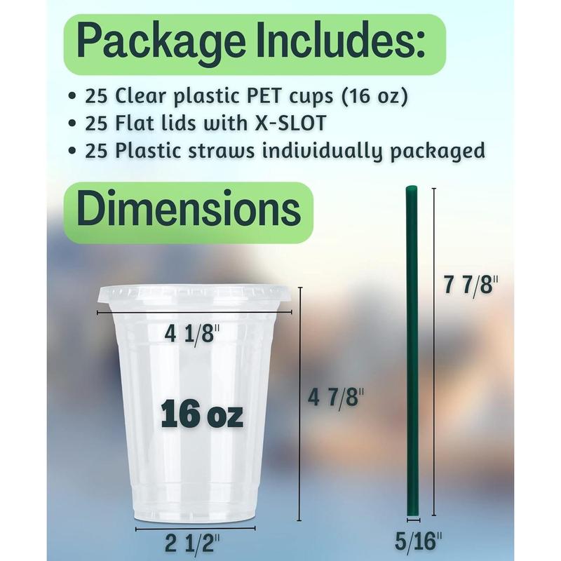 16 oz Clear Plastic Cups with Lids and STRAWS, Disposable Drinking Cups for Cold Drinks, Iced Coffee, Milkshakes, Smoothies, 25 Sets Pack