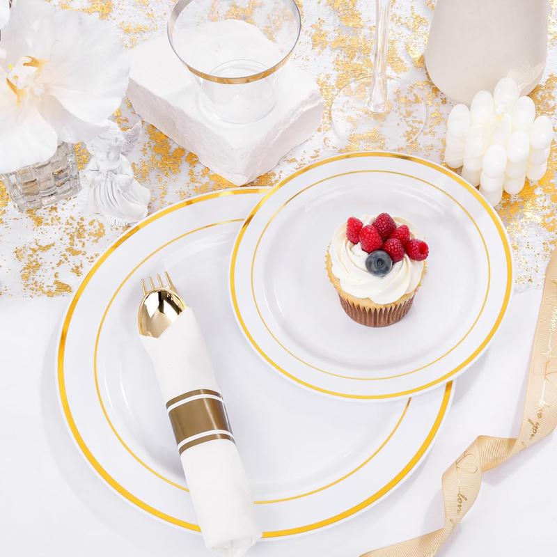 350 Pieces Gold Plastic Plates - Disposable Silverware and Cups, Include: 50 Dinner Plates 10.25”, 50 Dessert Plates 7.5”, 50 Gold Rim Cups 9 OZ, 50 Gold Cutlery for Thanksgiving