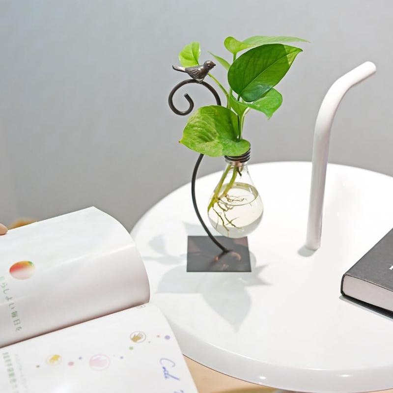 Desktop Glass Planter Hydroponics Vase,Planter Bulb Vase with Holder for Decoration,Modern Creative Bird Plant Terrarium Stand(Bulb Vase) Gift Iron