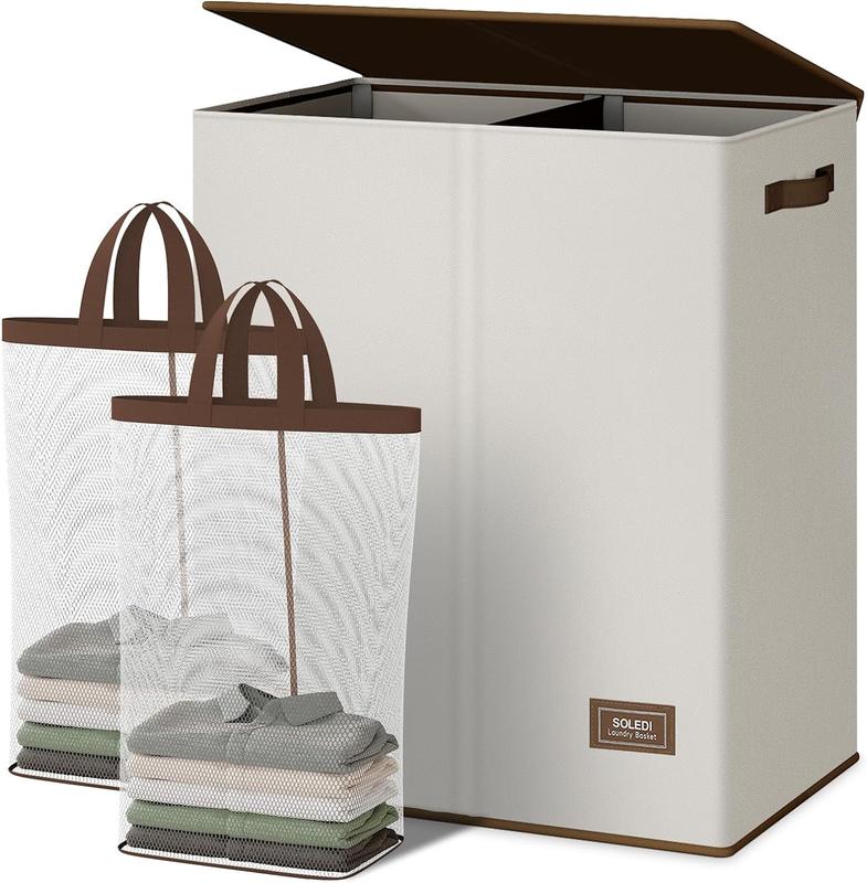 [Summer Sale] SOLEDI Double Laundry Hamper with Lid and Removable Laundry Bags, Large Hamper for Laundry, Laundry Basket 2 Sections, Collapsible Laundry Baskets for Bedroom, Laundry Room, Bathroom, Off-white Organiser