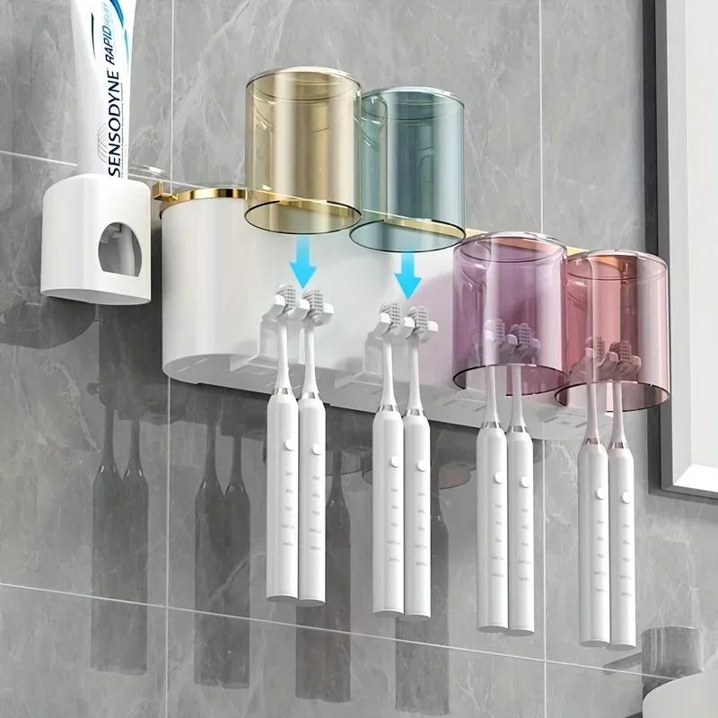 Wall-mounted Toothbrush Storage Box with Toothpaste Dispenser and Mouthwash Cup, Space-saving Bathroom Accessories