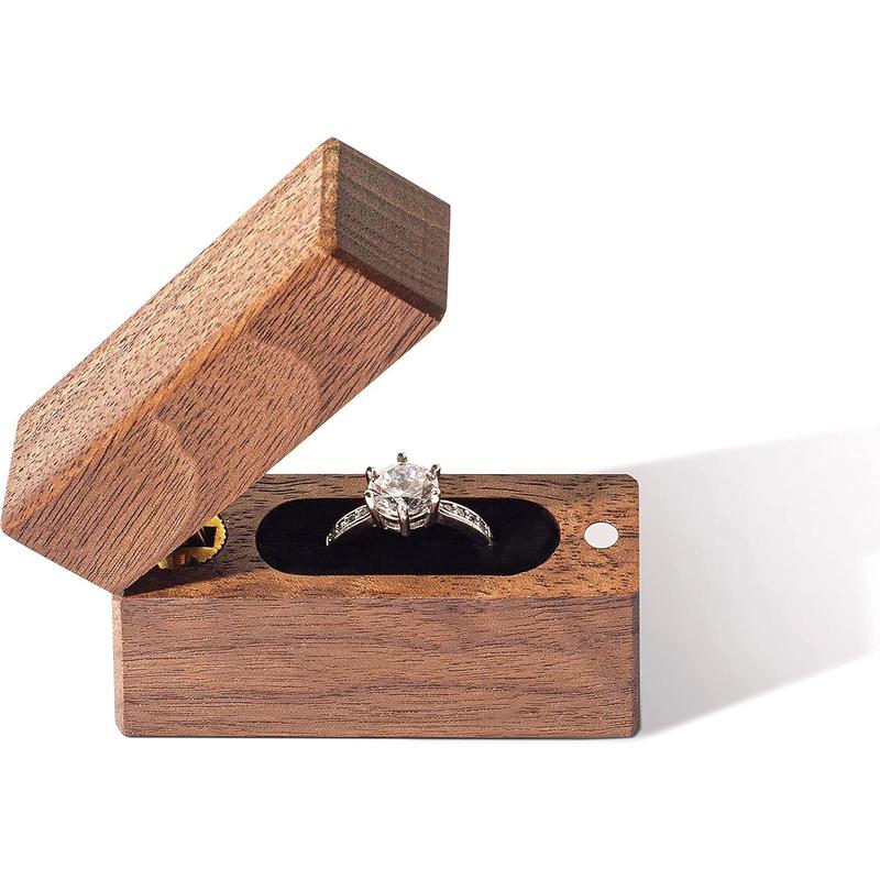 Wooden Engagement Ring Box Small Slim Flat Ring Case for Proposal,Wedding