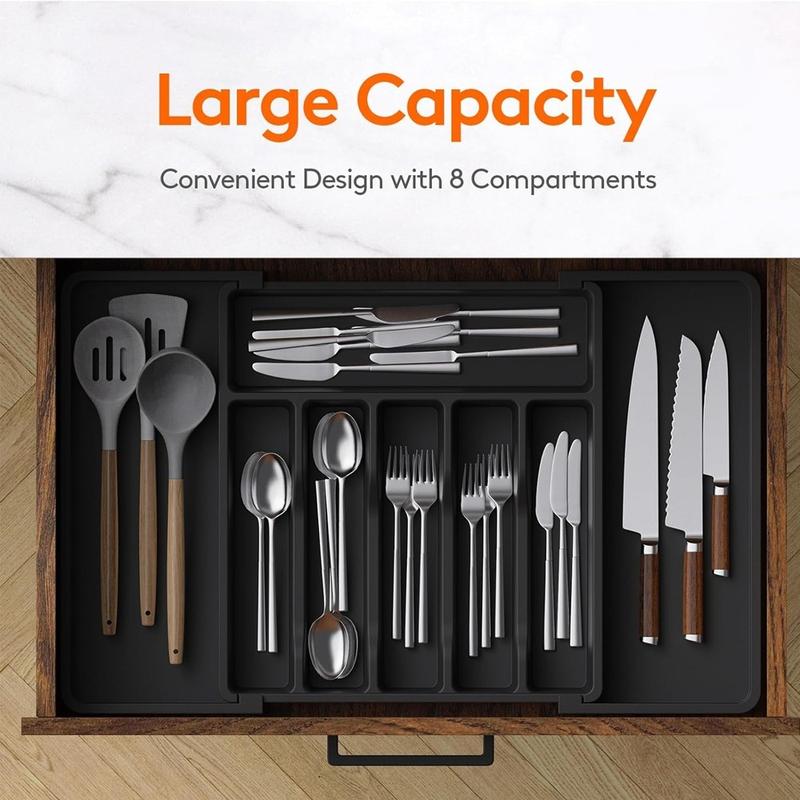 Expandable Kitchen Utensil Drawer Organizer, Cutlery Organizer with 8 Compartments Large Cutlery Organizer Tray for Forks & Knives, Glasses, Chopsticks, BPA Free Durable PP Material, Must Have for Home & Kitchen, Restaurant Silverware Place Holder Boxes