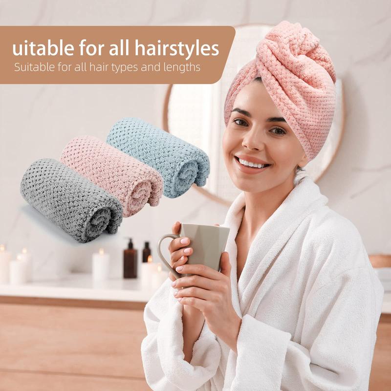 3 PCS Microfiber Hair Towel, Hair Wraps for Women Wet Hair, Fast Drying Hair Turban, Anti Frizz Head Towels Wrap for Curly Hair (Grey, Pink, Blue)