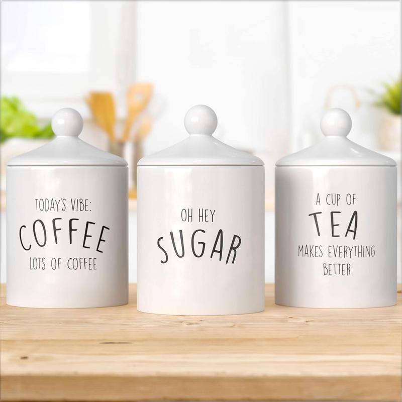 Canister Sets for Kitchen Counter, Decorative Coffee Tea Sugar Container Set, Rustic Farmhouse Canisters Ceramic Jar, White, Set of 3