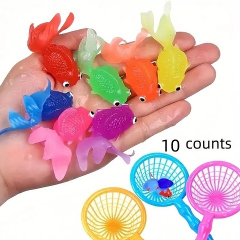 Random Color Floating Fish & Fishing Net for Party, 10pcs set Soft Rubber Fish & Fishing Net for Boys & Girls, Summer Party Decoration Supplies for Halloween