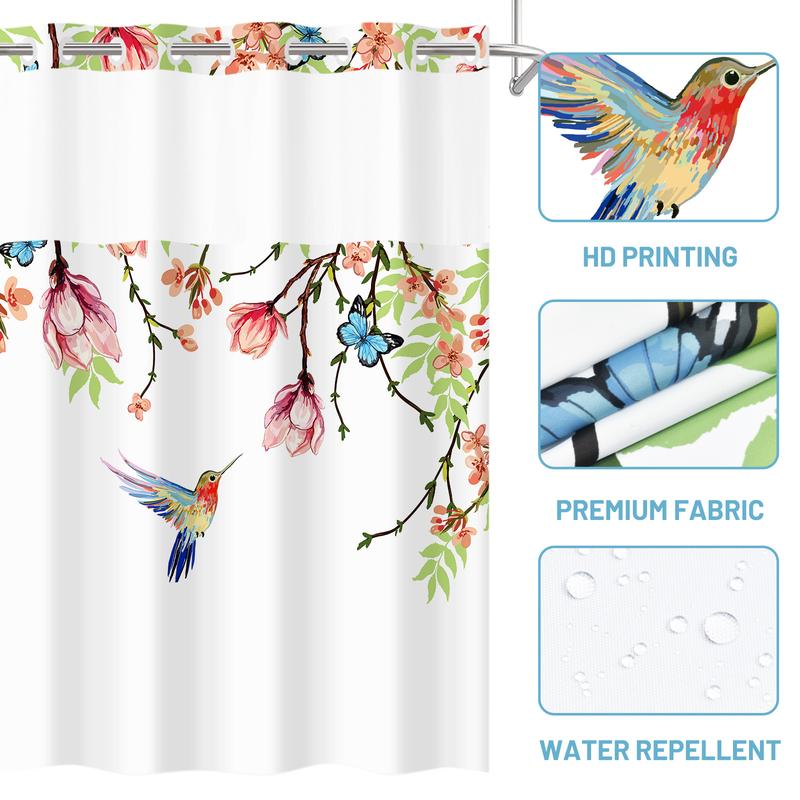 PUNKRAY No Hook Shower Curtain with Snap in Liner - Watercolor Floral Shower Curtain - Fabric Waterproof Inner Liner, Plants Flowers White Cloth Shower Curtains Washable, 71 x 74 Inch