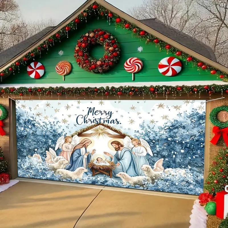 Merry Christmas Themed Garage Door Cover, Nativity Pattern Garage Door Banner, Outdoor Holiday Decoration for Home Garage