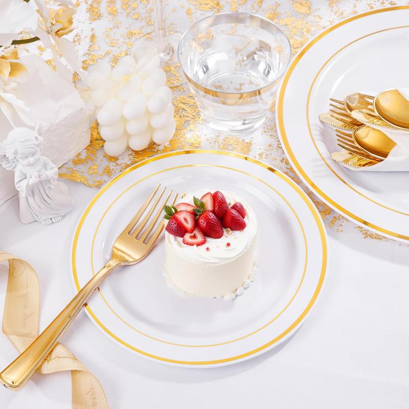 350 Pieces Gold Plastic Plates - Disposable Silverware and Cups, Include: 50 Dinner Plates 10.25”, 50 Dessert Plates 7.5”, 50 Gold Rim Cups 9 OZ, 50 Gold Cutlery for Thanksgiving