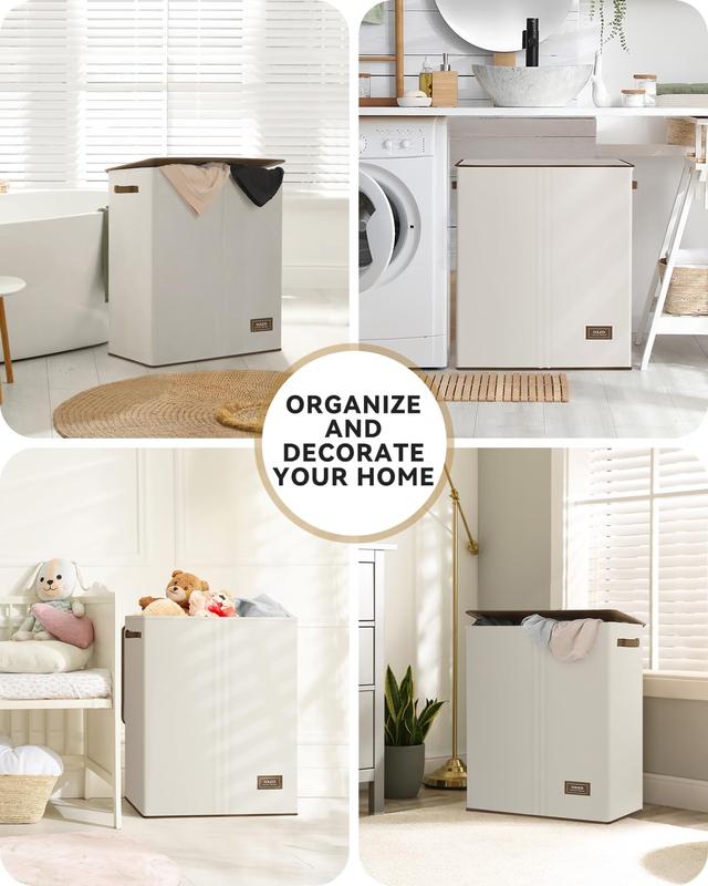 [Summer Sale] SOLEDI Double Laundry Hamper with Lid and Removable Laundry Bags, Large Hamper for Laundry, Laundry Basket 2 Sections, Collapsible Laundry Baskets for Bedroom, Laundry Room, Bathroom, Off-white Organiser