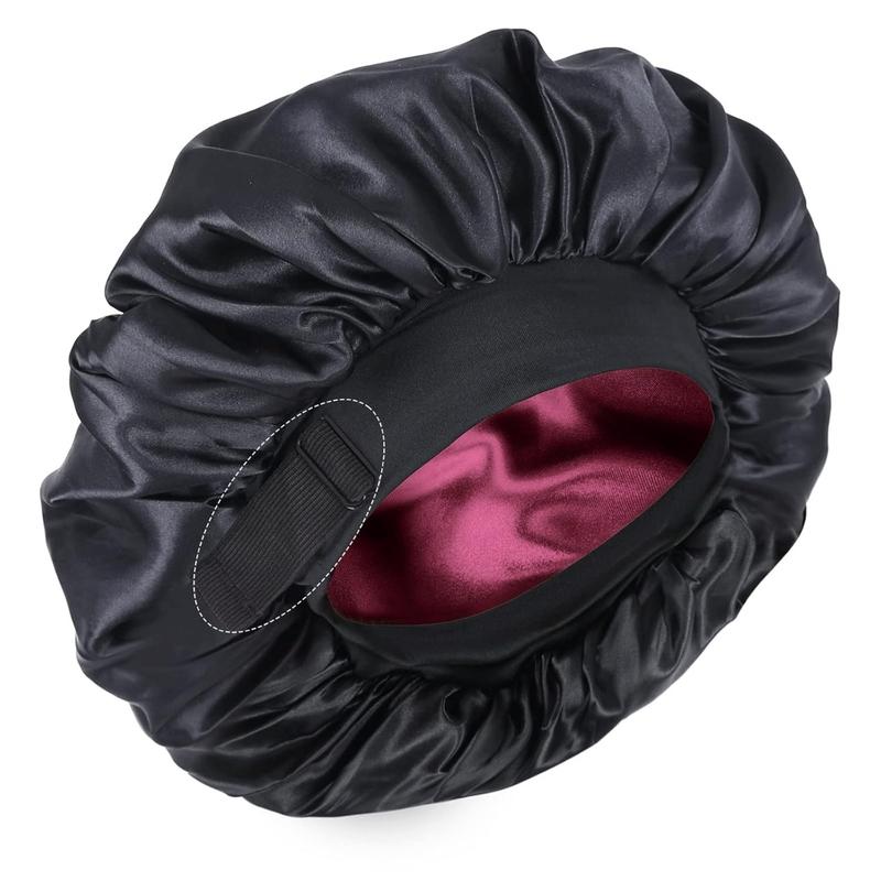 Silk Bonnet for Sleeping Double Layer Satin Bonnet Adjustable Bonnets for Women Sleep Cap Reversible Hair Bonnet for Curly Hair (Black and Wine)