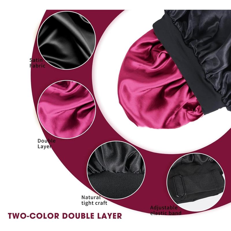 Silk Bonnet for Sleeping Double Layer Satin Bonnet Adjustable Bonnets for Women Sleep Cap Reversible Hair Bonnet for Curly Hair (Black and Wine)