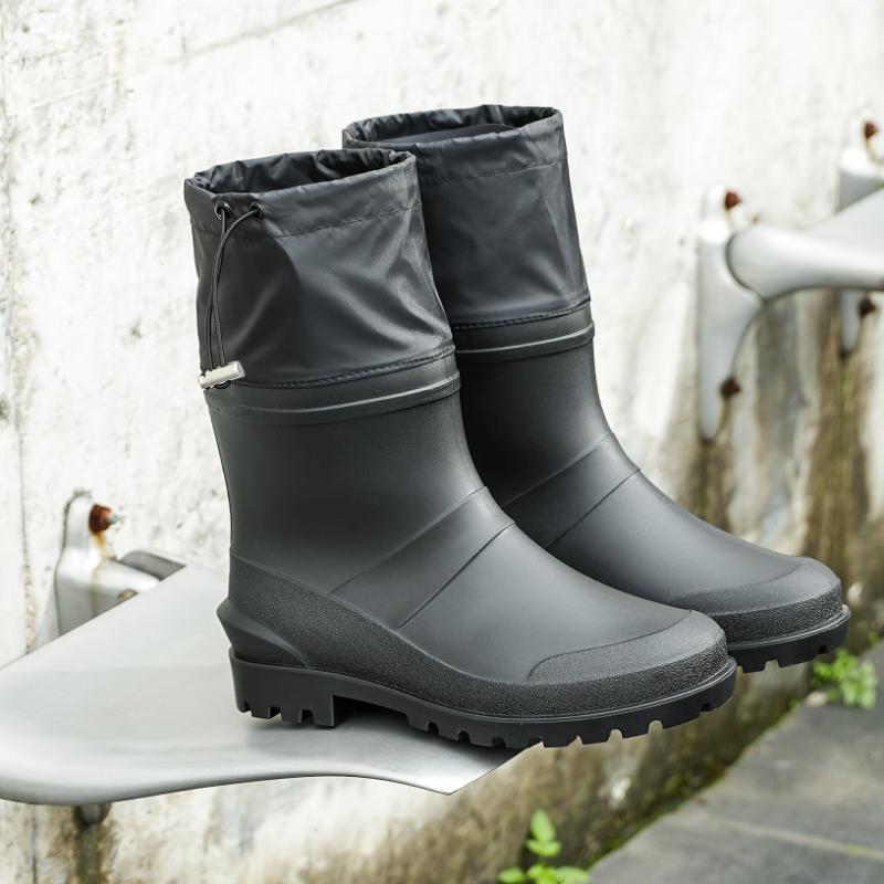 Casual Mid-Calf Rain Boots for Men - Solid Color All-Season Hiking Footwear, Water-Resistant PVC Upper with Non-Slip Sole, Fabric Inner, Round Toe, Slip-On Design with Drawstring Closure - Fishing & Work Rain Shoes