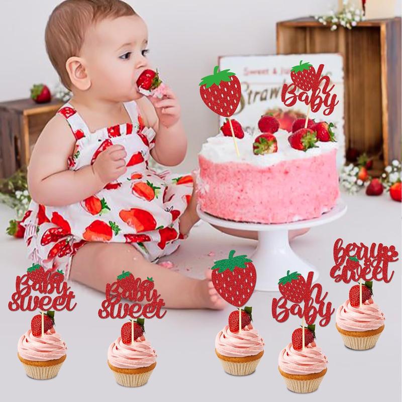 Strawberry Oh  Cupcake Toppers - 36 count Glitter Strawberry Shortcake Decorations Strawberry  Shower Decorations  Sweet Cupcake Toppers Strawberry Shortcake  Shower Cupcake Decor