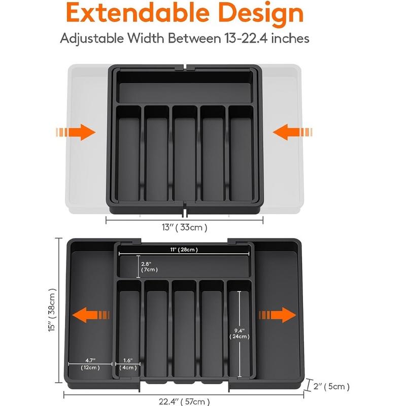 Expandable Kitchen Utensil Drawer Organizer, Cutlery Organizer with 8 Compartments Large Cutlery Organizer Tray for Forks & Knives, Glasses, Chopsticks, BPA Free Durable PP Material, Must Have for Home & Kitchen, Restaurant Silverware Place Holder Boxes