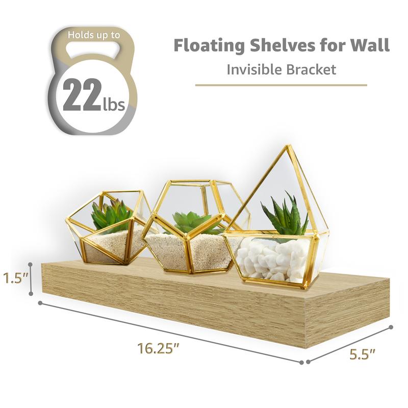 Wall Mounted Sorbus Floating Shelves for Bathroom with 3 Hanging Wooden Book Shelf Decor, 16 Inch