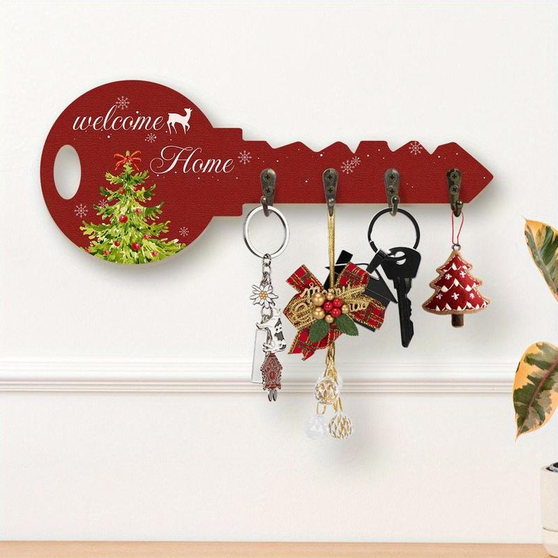 Christmas Themed Key Hook, 1 Count Welcome Home Letter & Tree Pattern Key Shaped Wall Decoration, Key Holder for Entrance Hallway Front Door