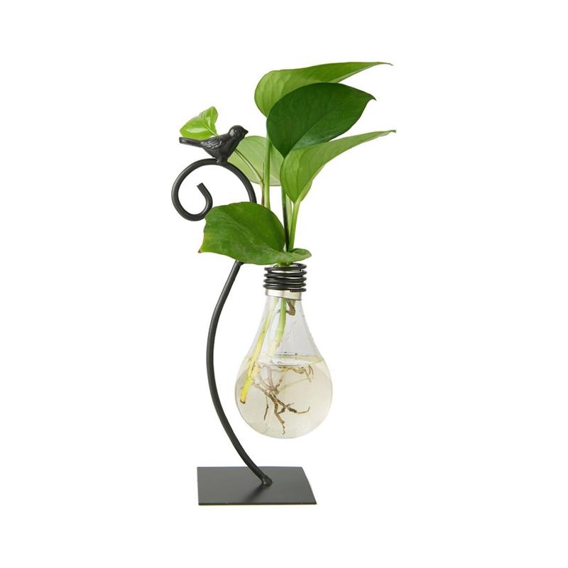 Desktop Glass Planter Hydroponics Vase,Planter Bulb Vase with Holder for Decoration,Modern Creative Bird Plant Terrarium Stand(Bulb Vase) Gift Iron