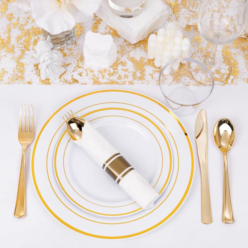 350 Pieces Gold Plastic Plates - Disposable Silverware and Cups, Include: 50 Dinner Plates 10.25”, 50 Dessert Plates 7.5”, 50 Gold Rim Cups 9 OZ, 50 Gold Cutlery for Thanksgiving