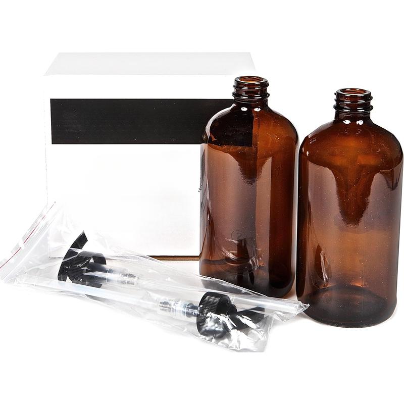 2, Large, 16 oz, Empty, Amber Glass Bottles with Black Lotion Pumps