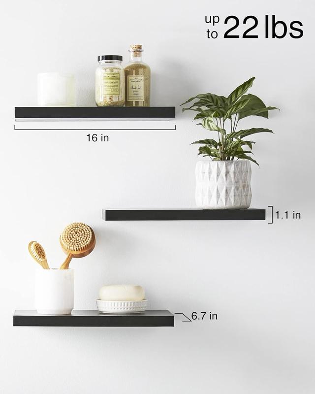 Set of 3 Floating Wall Shelves in Black - Rustic Wood Shelves for Bathroom, Bedroom, Living Room, and Kitchen. Perfect for Books, Storage, or Room Decor, with a 22lbs Weight Capacity Each (16in)