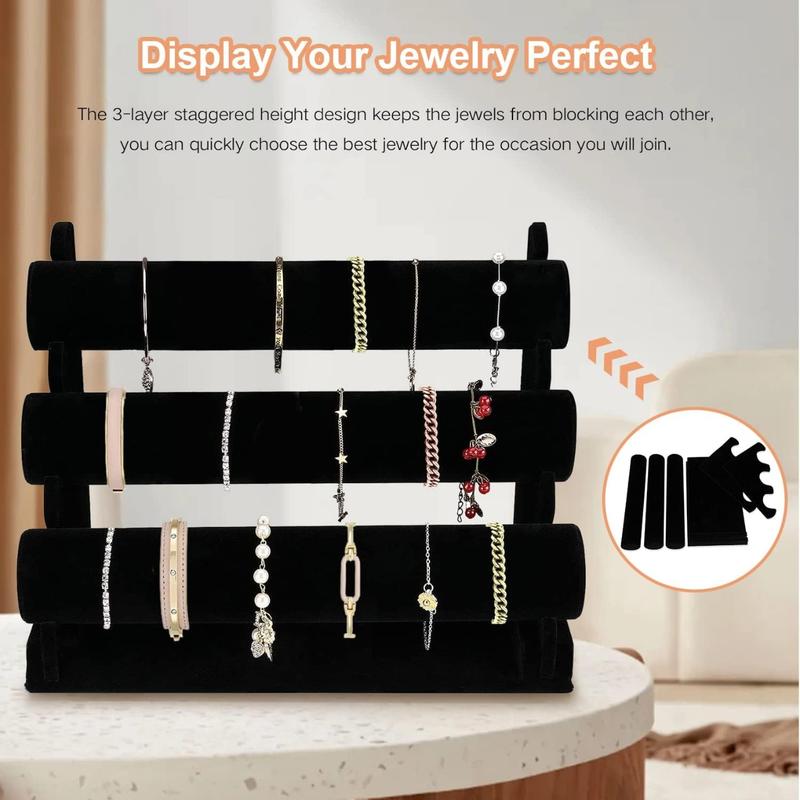 Velvet Bracelet Holder with 3 Tier Rack, Black Detachable Jewelry Display Stand T-Bar Necklace Storage Organizer for Bangles Watch Bracelets Scrunchies Organization Showcase