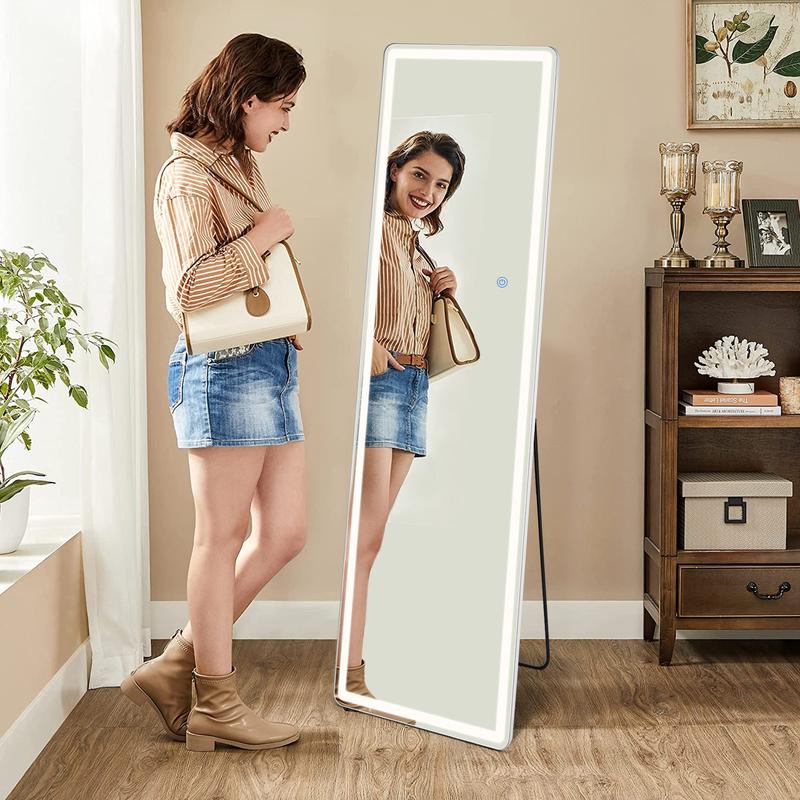 Crafted Comforts LED Illuminated Floor Mirror with Stand, 64”x21” - 3 Colors - Durable Decor Wall Glass Light, Upgraded Nano Glass Standing Switch