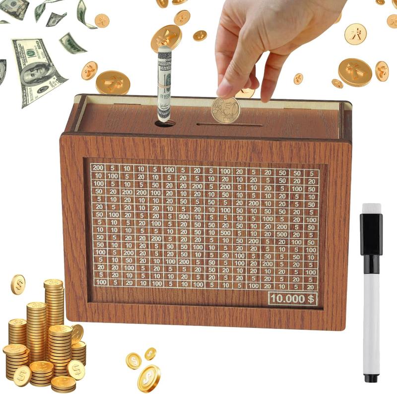 Money Saving Storage Box,Wooden Piggy Bank with Money Target & Numbers for Cash Saving 10000 Dollar