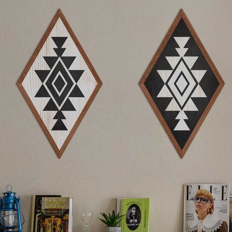 2pcs Farmhouse Geometric Pattern Wood Plaque, Aztec Style Wall Art Prints, Wooden Poster For Living Room Home Decor