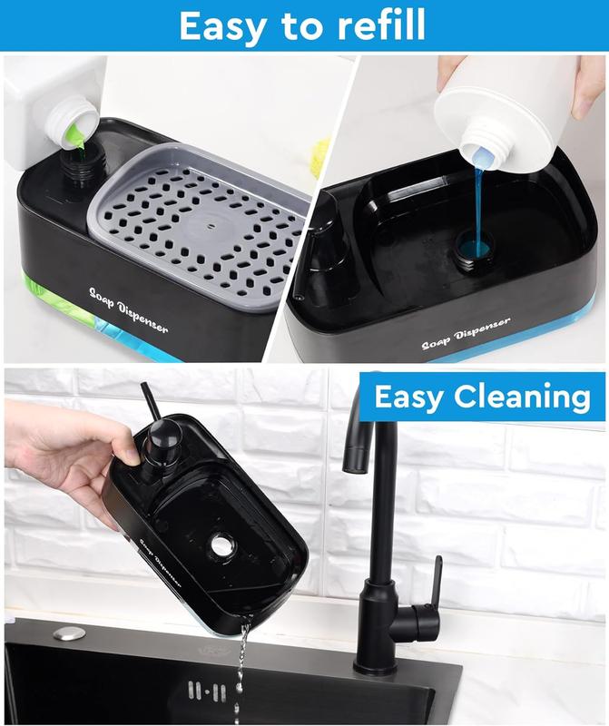 Hand and Dish Soap Dispenser Set for Kitchen, Dual Soap Dispenser with Sponge Holder, 3-in-1 Countertop Soap Pump Dispenser for Kitchen Sink, Useful Kitchen Gadgets - Black