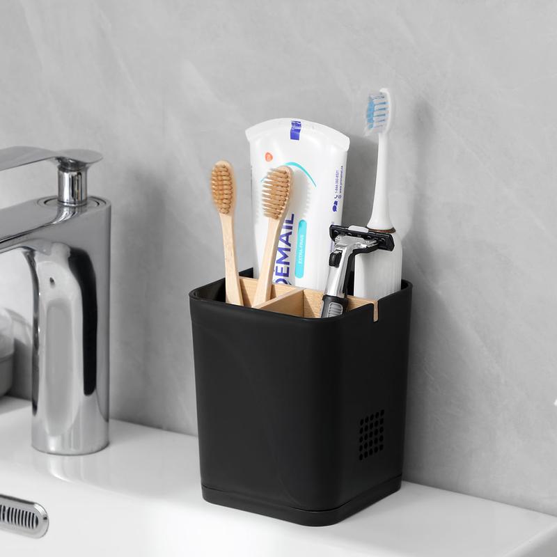 Electric Toothbrush Holder 3 Slots Tooth Brushing Holder with Bamboo Dividers for Bathrooms, Plastic Toothbrush and Toothpaste Black Organizer for Shower, Countertop, Vanity.