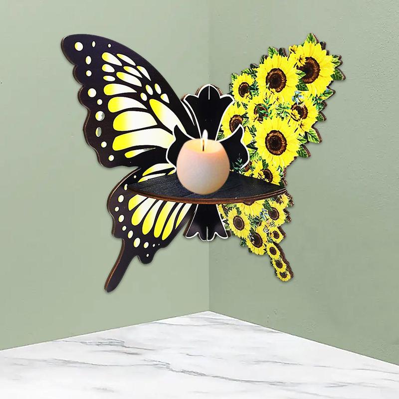 Wooden Butterfly & Sunflower Design Wall Mounted Hook, Hollow Out Wall Shelf, Home Decor for Living Room Bedroom Home Supplies