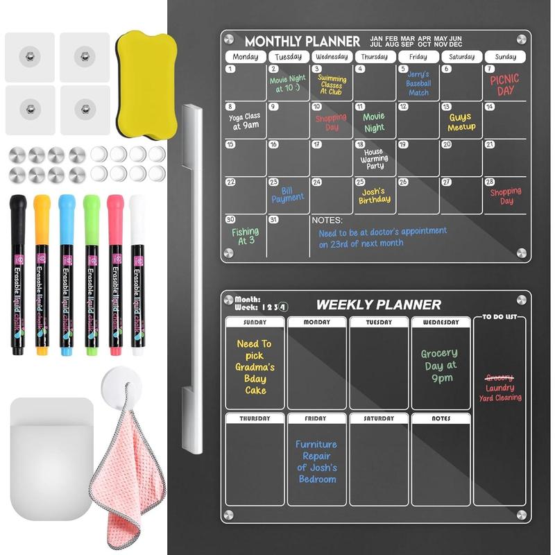 Acrylic Magnetic Fridge Calendar Meal Planner Dry Erase Menu Board, 32 PCS Clear Monthly & Weekly 16